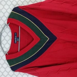Nautica Red V-Neck Sweater with Green and Navy Accents
